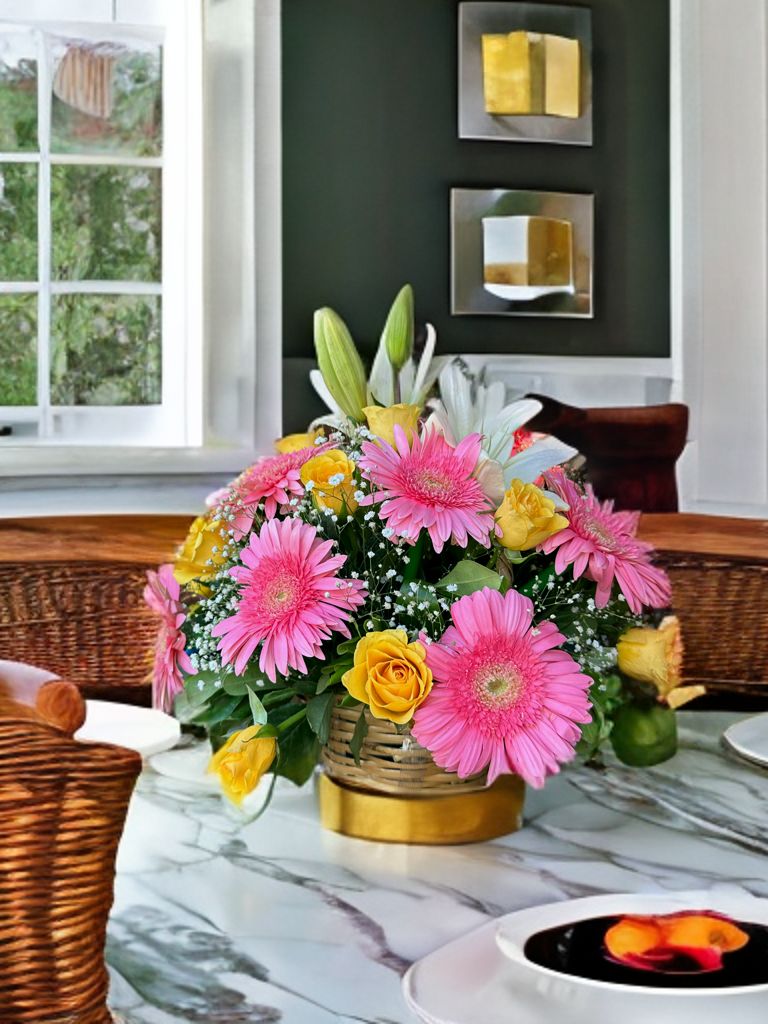 Arreglo mediano con 12 rosas amarillas, gerberas, tulipanes, lirios, solidago y follaje verde en base de canasta